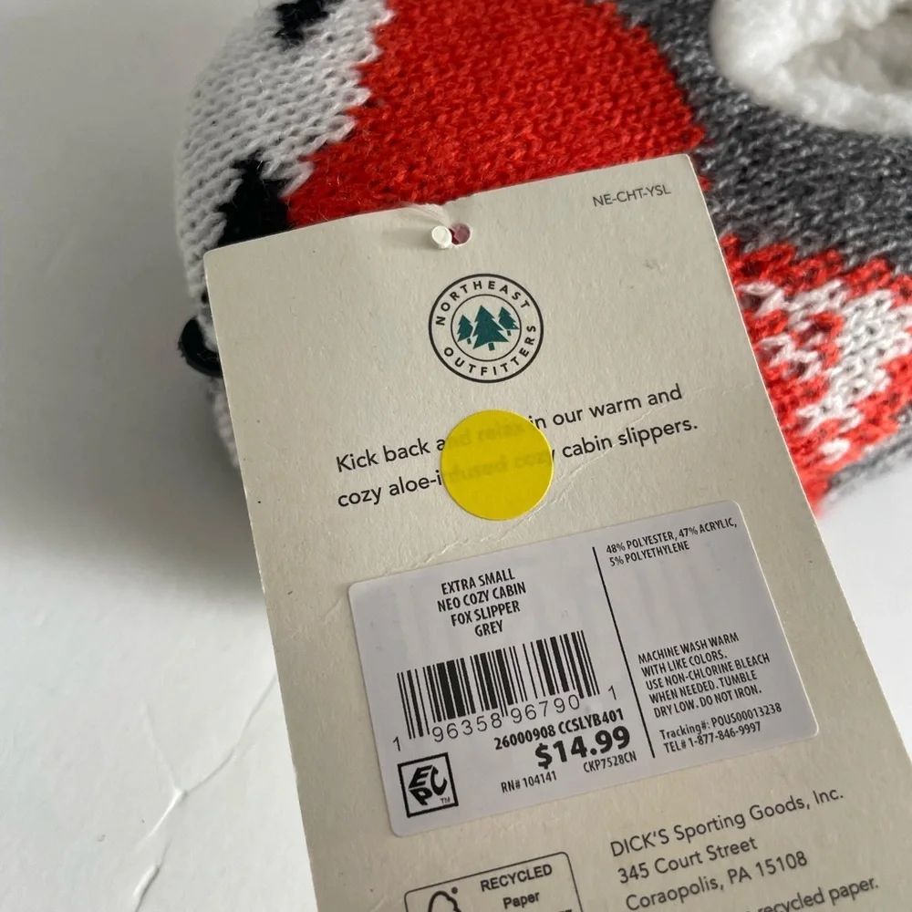 Northeast Outfitters Cozy Cabin Youth Fox Slipper Socks, Gray, Shoe Size 9K-1